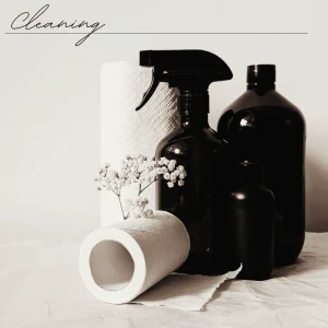 A minimalist arrangement of black bottles, a roll of paper towel, and a roll of toilet paper, with a sprig of white flowers adding a touch of elegance. Set against a neutral background.